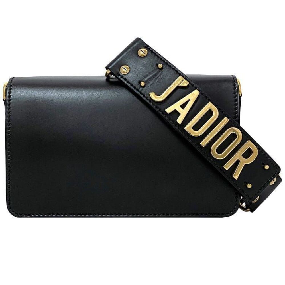 Christian Dior Clutch Bag Black Gold JA DIOR Leather Handbag Flap Strap Hobo